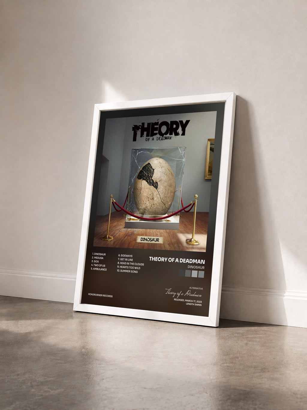 #blanc Tableau de l'album Dinosaur de Theory of a Deadman vu de trois quarts, cadre blanc