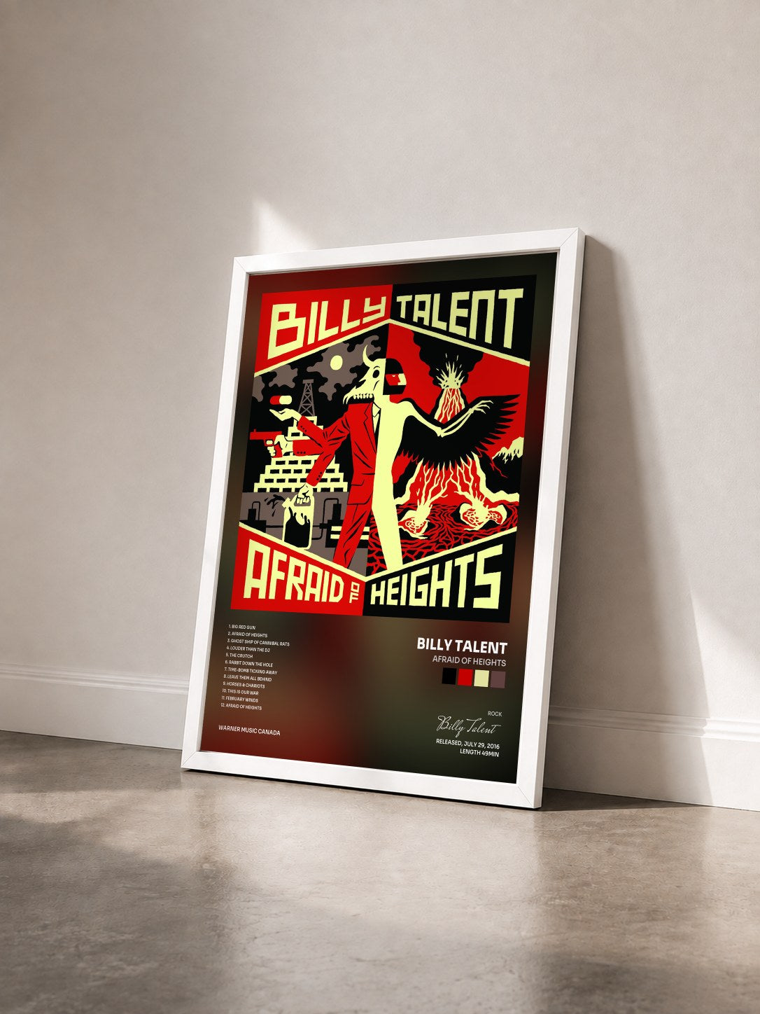 #blanc Afraid of Heights von Billy Talent als gerahmter Kunstdruck von schräg gesehen, weißer Rahmen
