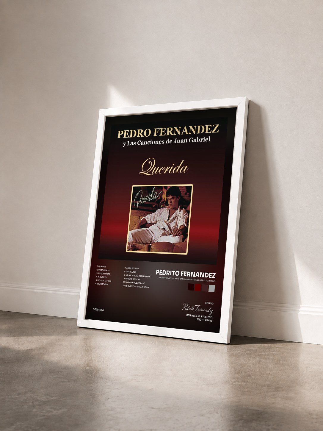 #blanc Tableau de l'album Pedro Fernández Y Las Canciones de Juan Gabriel "Querida" de Pedrito Fernandez vu de trois quarts, cadre blanc