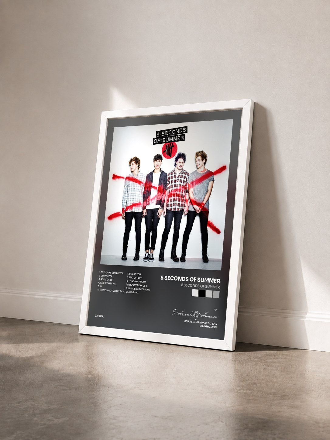 #blanc Tableau de l'album 5 Seconds Of Summer de 5 Seconds Of Summer vu de trois quarts, cadre blanc