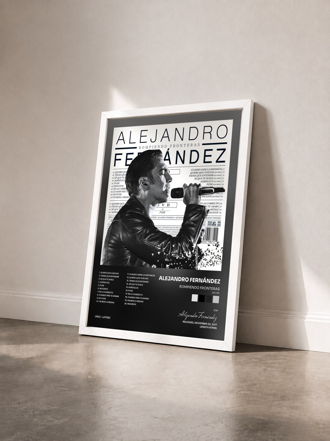 #blanc Tableau de l'album Rompiendo Fronteras (Deluxe) de Alejandro Fernández vu de trois quarts, cadre blanc