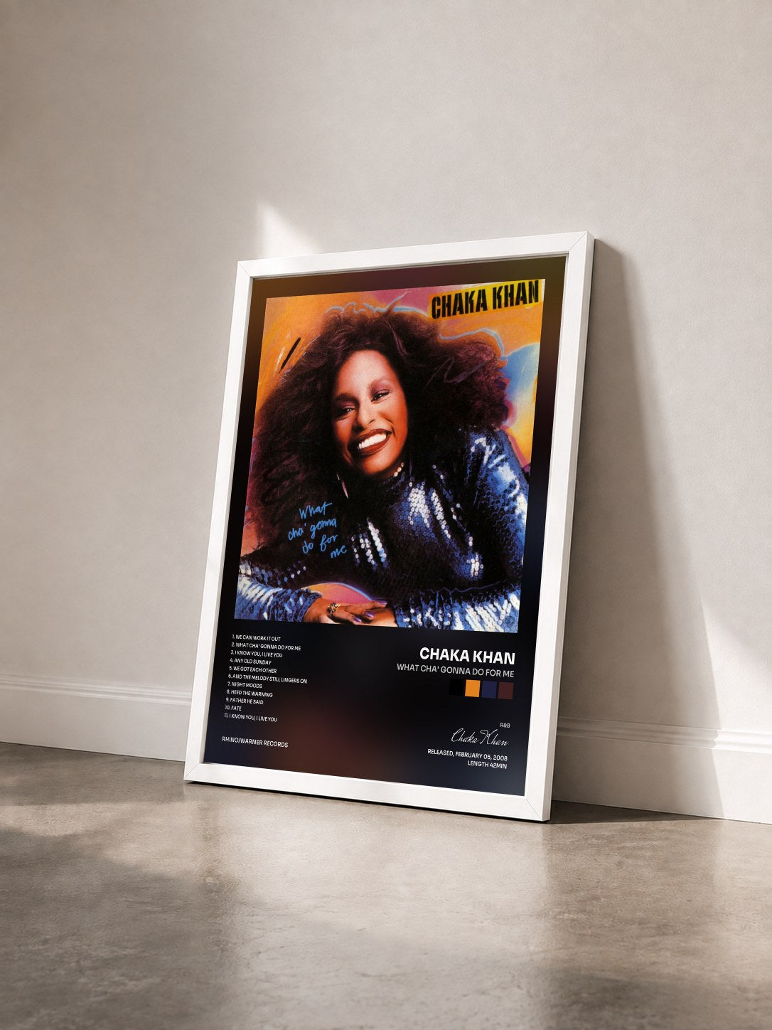 #blanc Tableau de l'album What Cha' Gonna Do for Me de Chaka Khan vu de trois quarts, cadre blanc