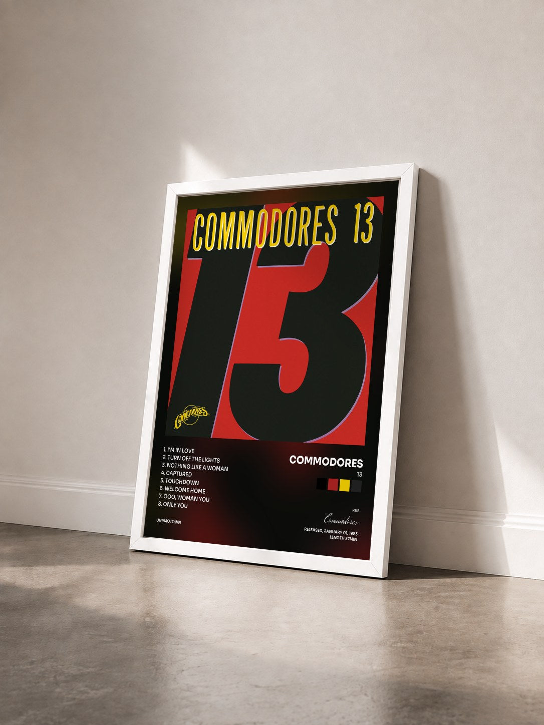 #blanc Tableau de l'album 13 de Commodores vu de trois quarts, cadre blanc