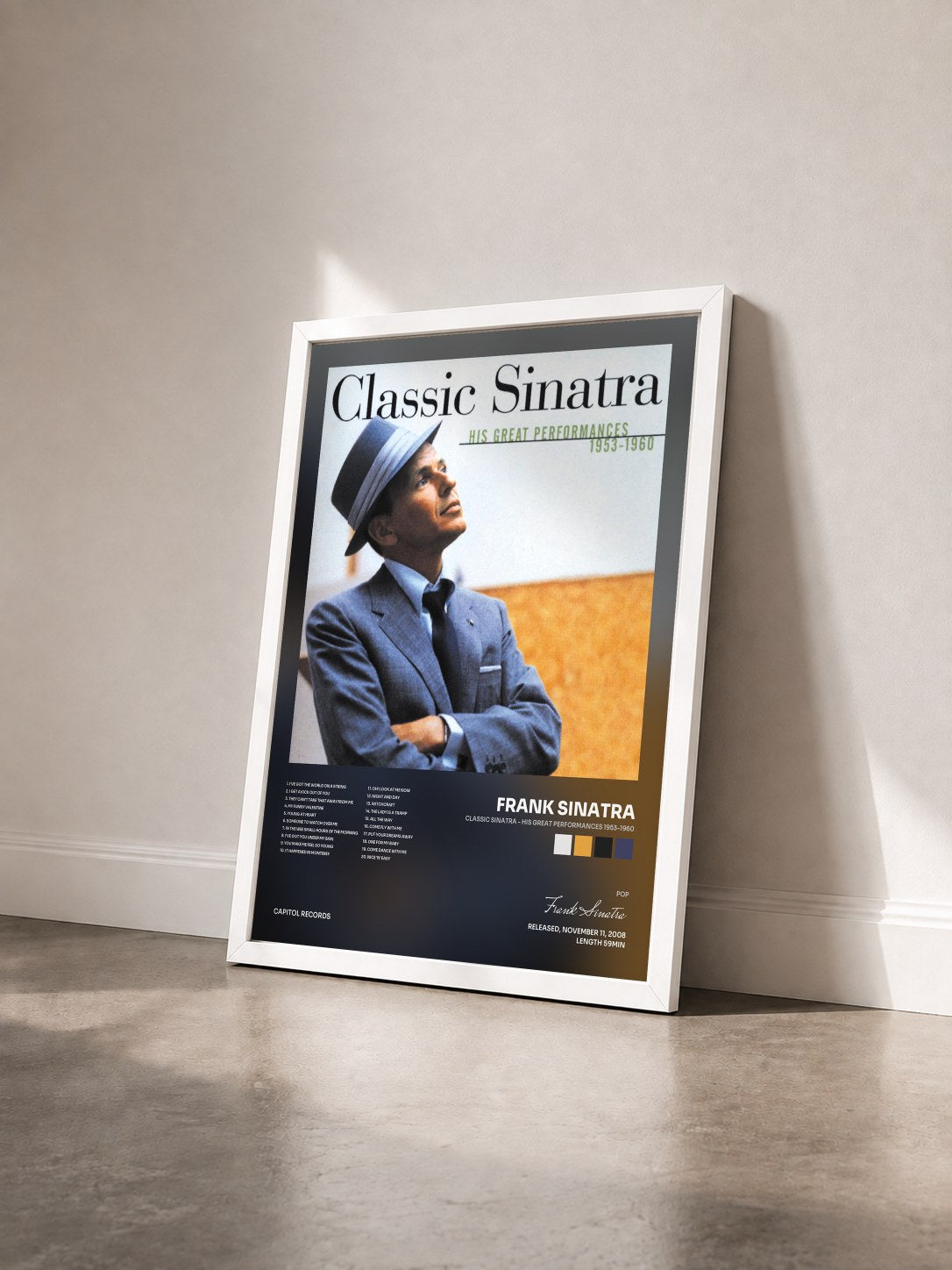 #blanc Tableau de l'album Classic Sinatra - His Great Performances 1953-1960 de Frank Sinatra vu de trois quarts, cadre blanc