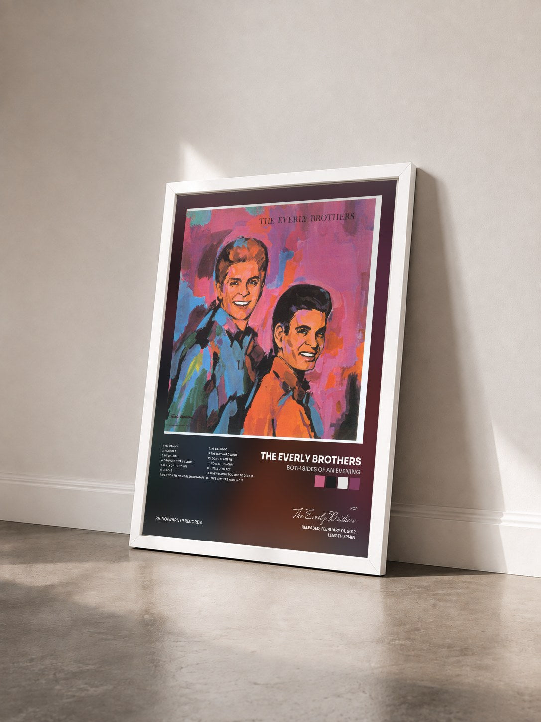 #blanc Tableau de l'album Both Sides of an Evening de The Everly Brothers vu de trois quarts, cadre blanc