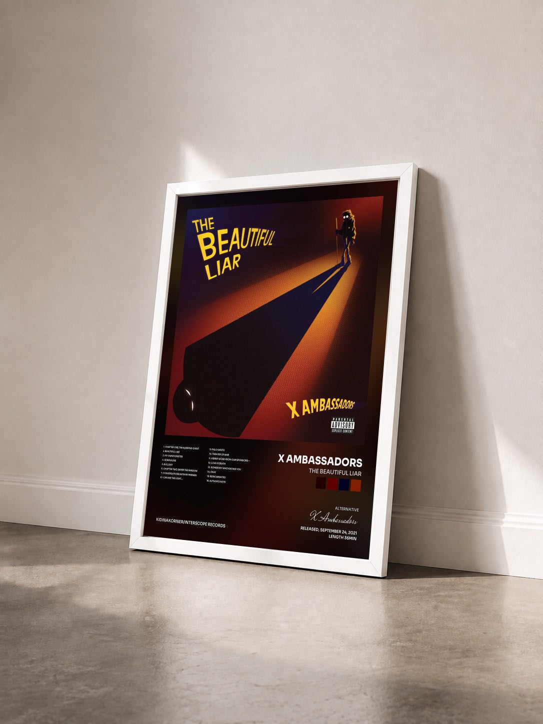 #blanc Tableau de l'album The Beautiful Liar de X Ambassadors vu de trois quarts, cadre blanc
