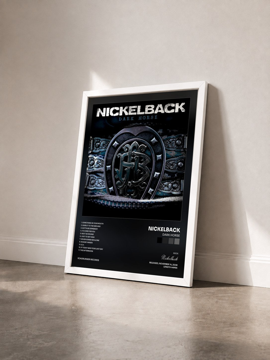 #blanc Dark Horse by Nickelback as a framed art print seen at an angle, white frame