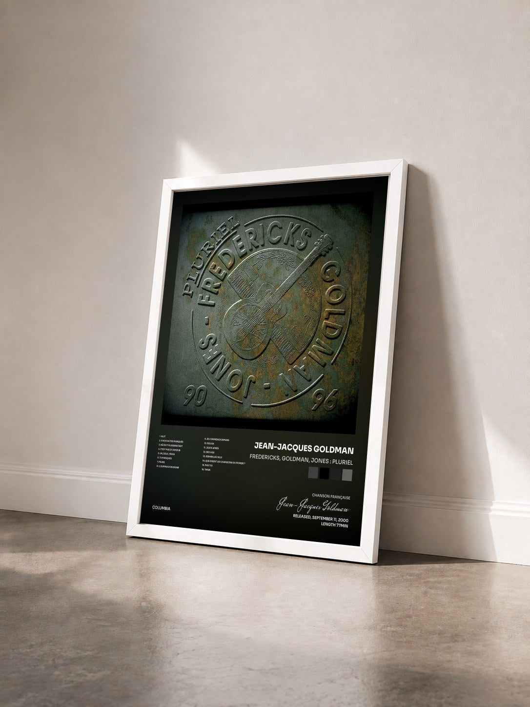#blanc Tableau de l'album Fredericks, Goldman, Jones : Pluriel de Jean-Jacques Goldman vu de trois quarts, cadre blanc