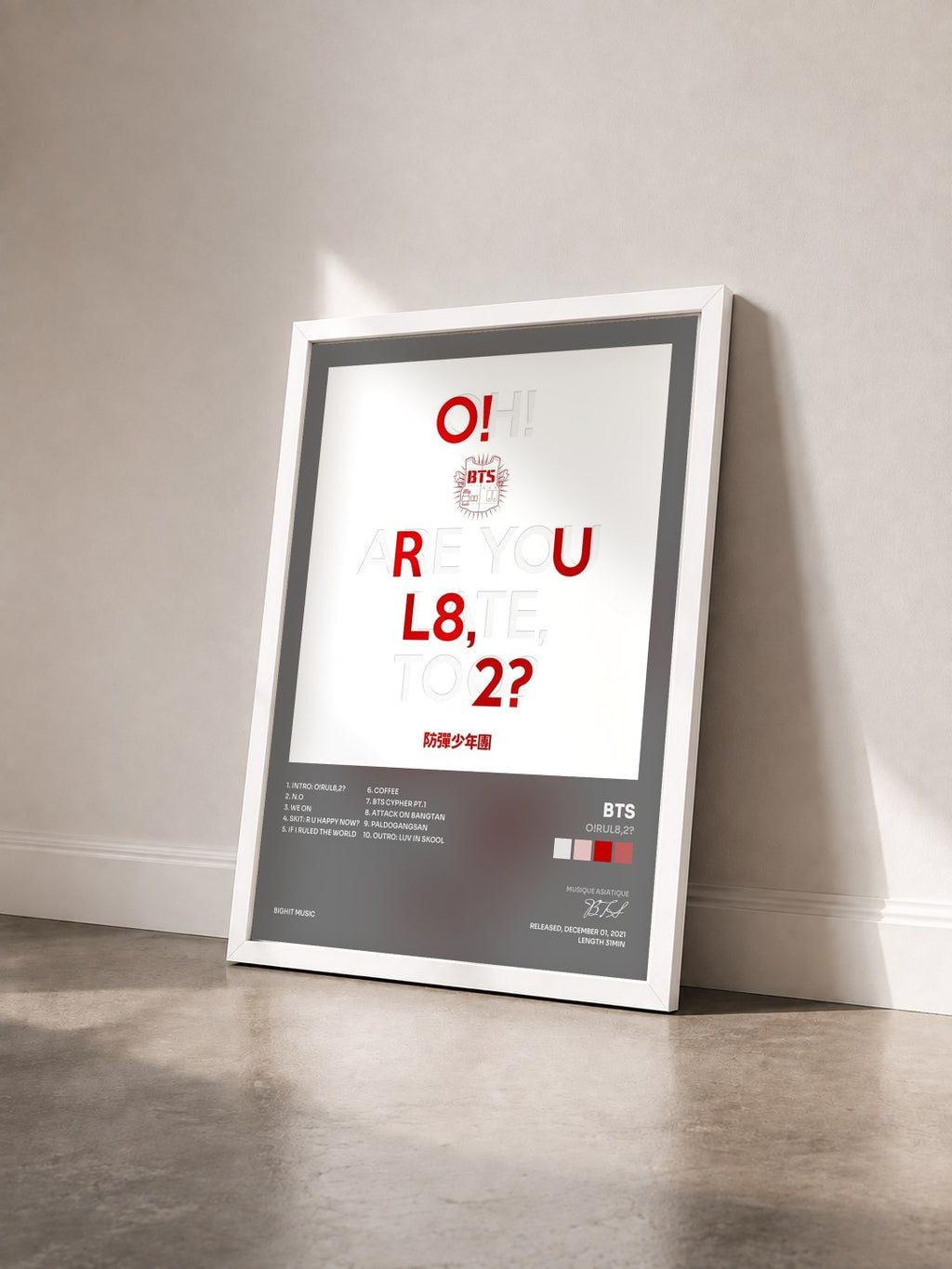#blanc Tableau de l'album O!RUL8,2? de BTS vu de trois quarts, cadre blanc