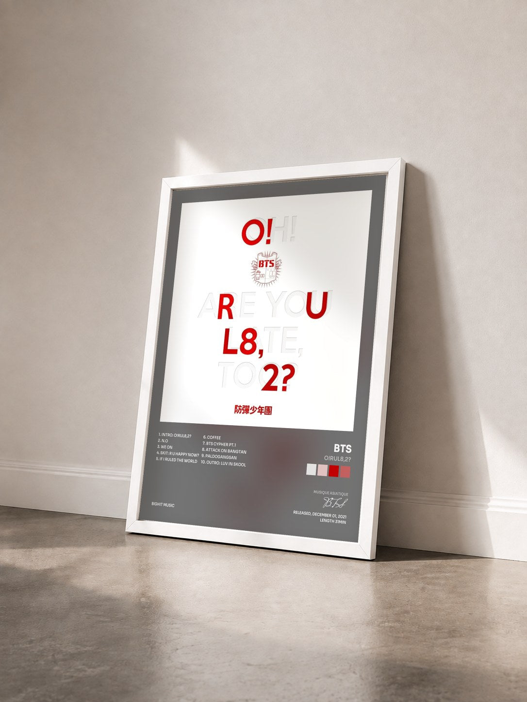 #blanc Tableau de l'album O!RUL8,2? de BTS vu de trois quarts, cadre blanc