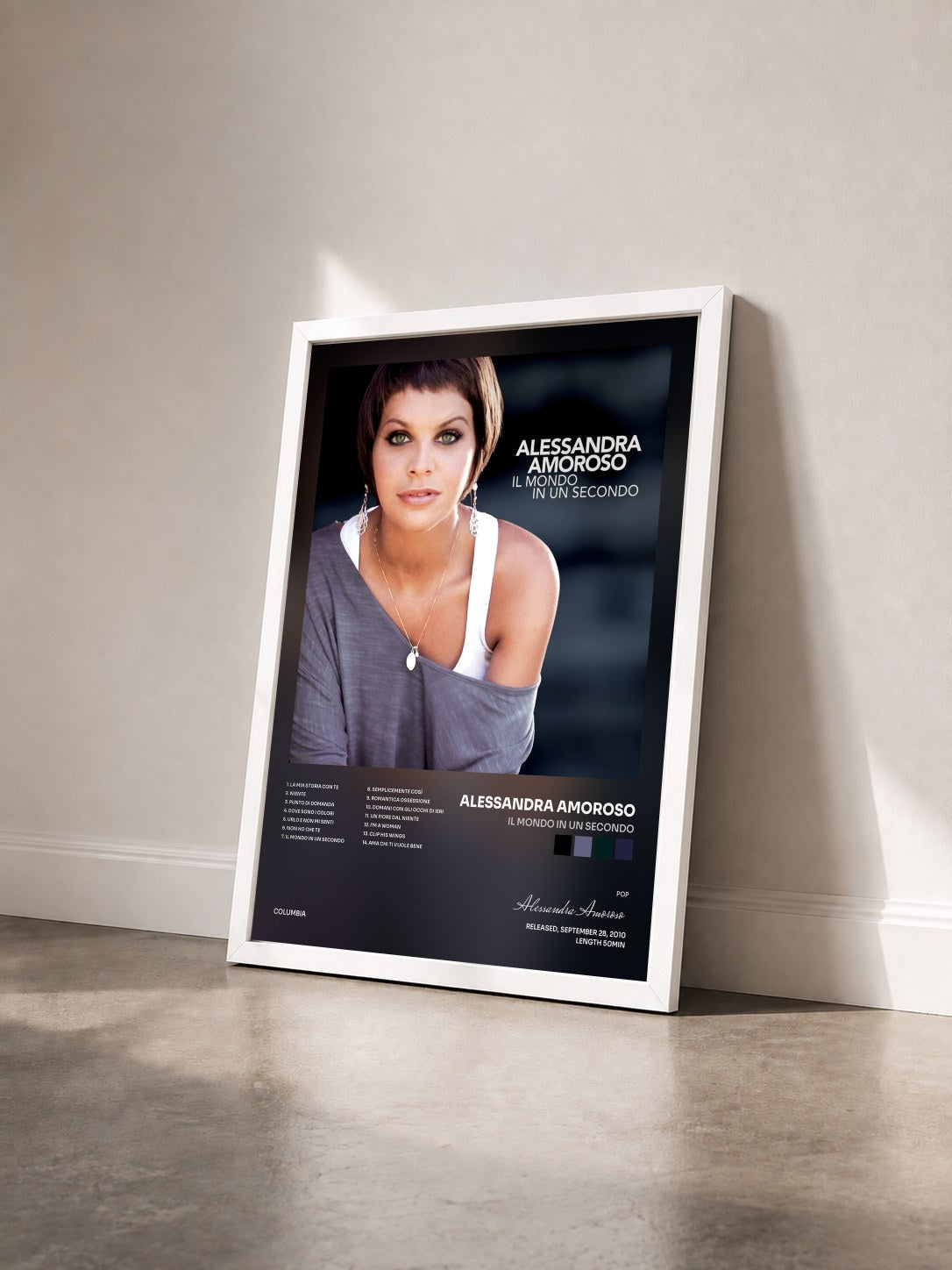 #blanc Tableau de l'album Il Mondo In Un Secondo de Alessandra Amoroso vu de trois quarts, cadre blanc