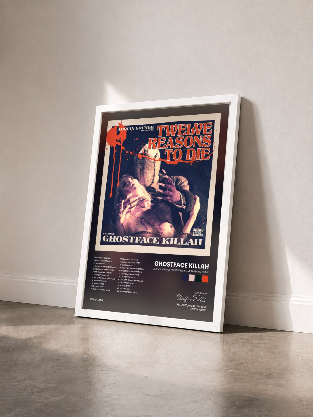 #blanc Tableau de l'album Adrian Younge Presents: Twelve Reasons To Die de Ghostface Killah vu de trois quarts, cadre blanc
