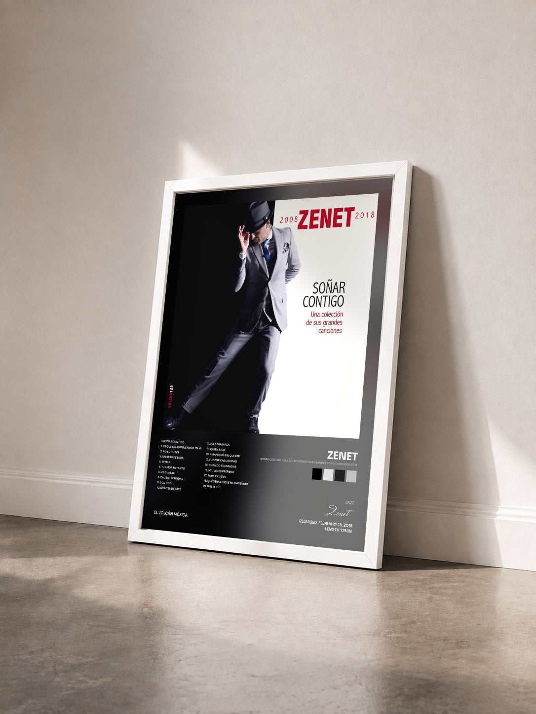 #blanc Tableau de l'album Soñar Contigo. Una Colección de Sus Grandes Canciones 2008-2018 de Zenet vu de trois quarts, cadre blanc