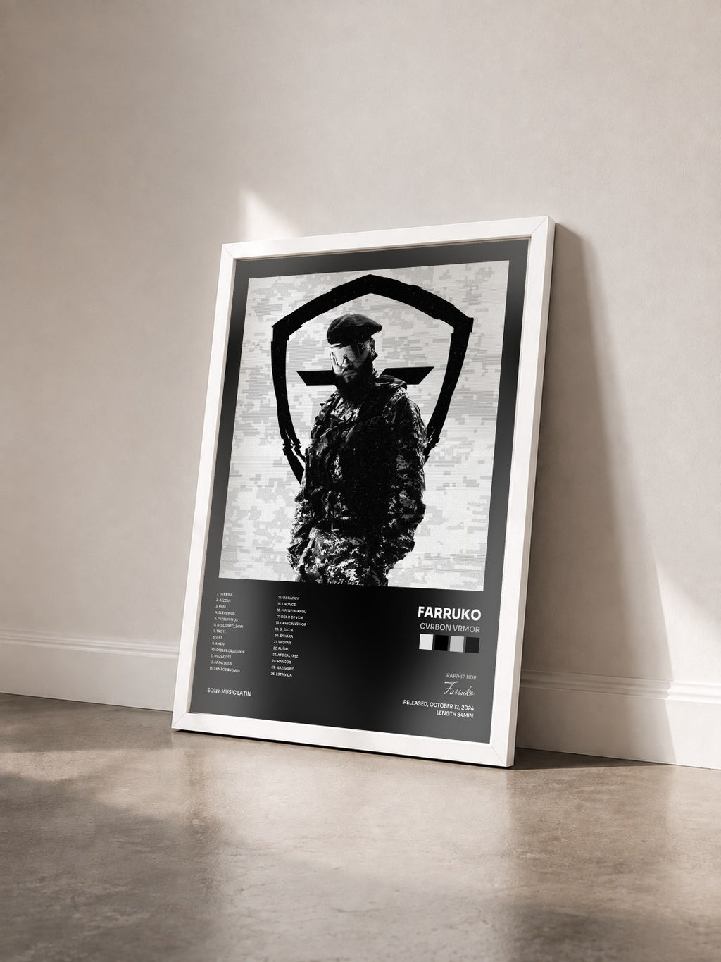 #blanc Tableau de l'album CVRBON VRMOR de Farruko vu de trois quarts, cadre blanc