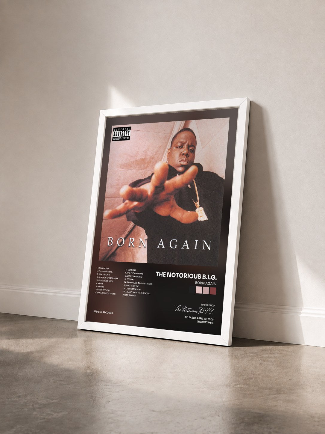 #blanc Tableau de l'album Born Again de The Notorious B.I.G. vu de trois quarts, cadre blanc