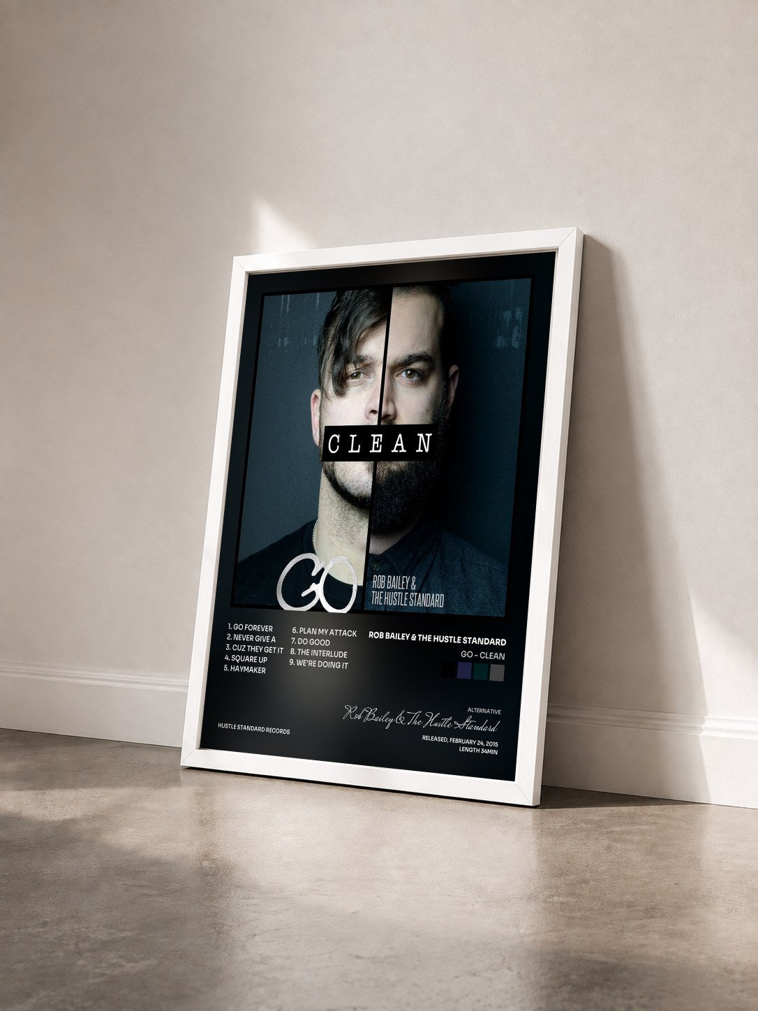 #blanc Tableau de l'album Go - Clean de Rob Bailey & The Hustle Standard vu de trois quarts, cadre blanc