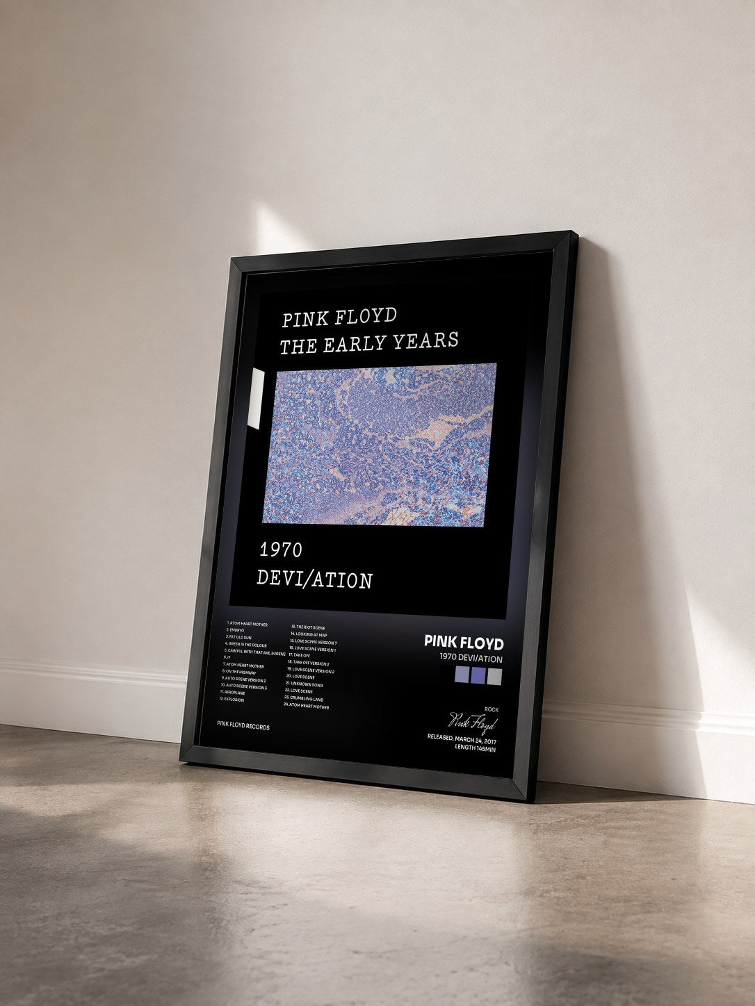 #noir Tableau de l'album 1970 Devi/ation de Pink Floyd vu de trois quarts, cadre noir