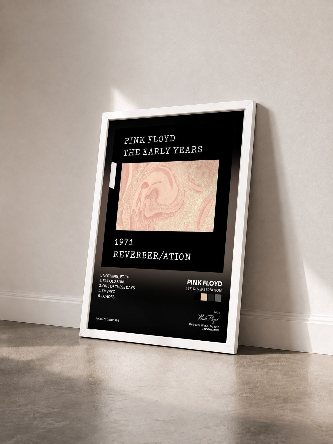 #blanc Tableau de l'album 1971 Reverber/ation de Pink Floyd vu de trois quarts, cadre blanc
