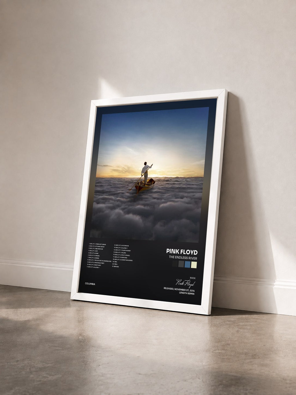 #blanc Tableau de l'album The Endless River de Pink Floyd vu de trois quarts, cadre blanc