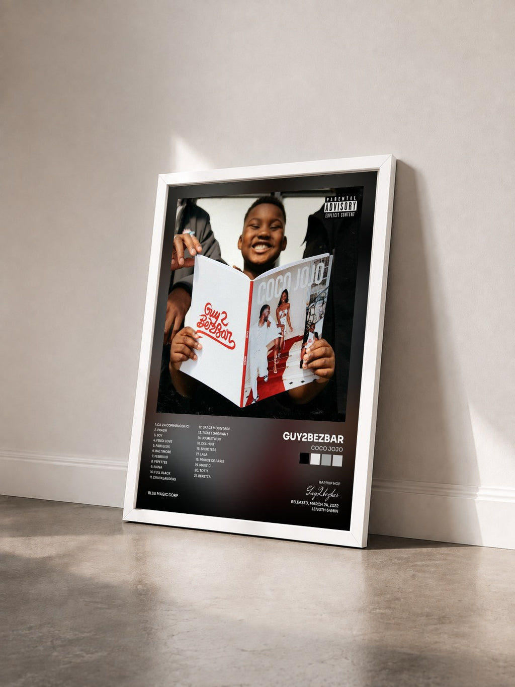 #blanc Tableau de l'album COCO JOJO de Guy2bezbar vu de trois quarts, cadre blanc