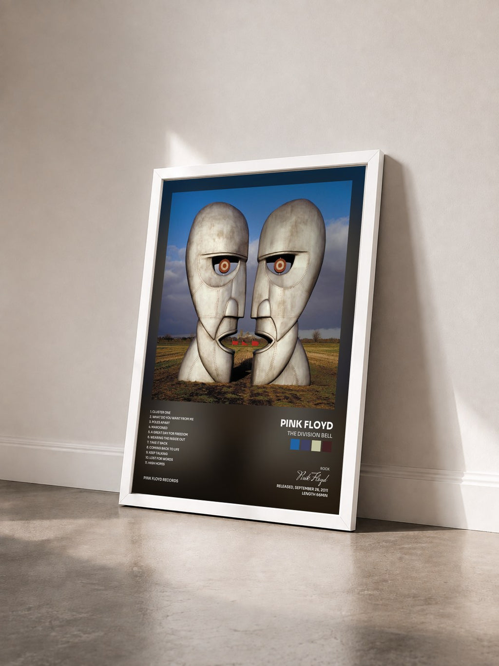 #blanc Tableau de l'album The Division Bell de Pink Floyd vu de trois quarts, cadre blanc