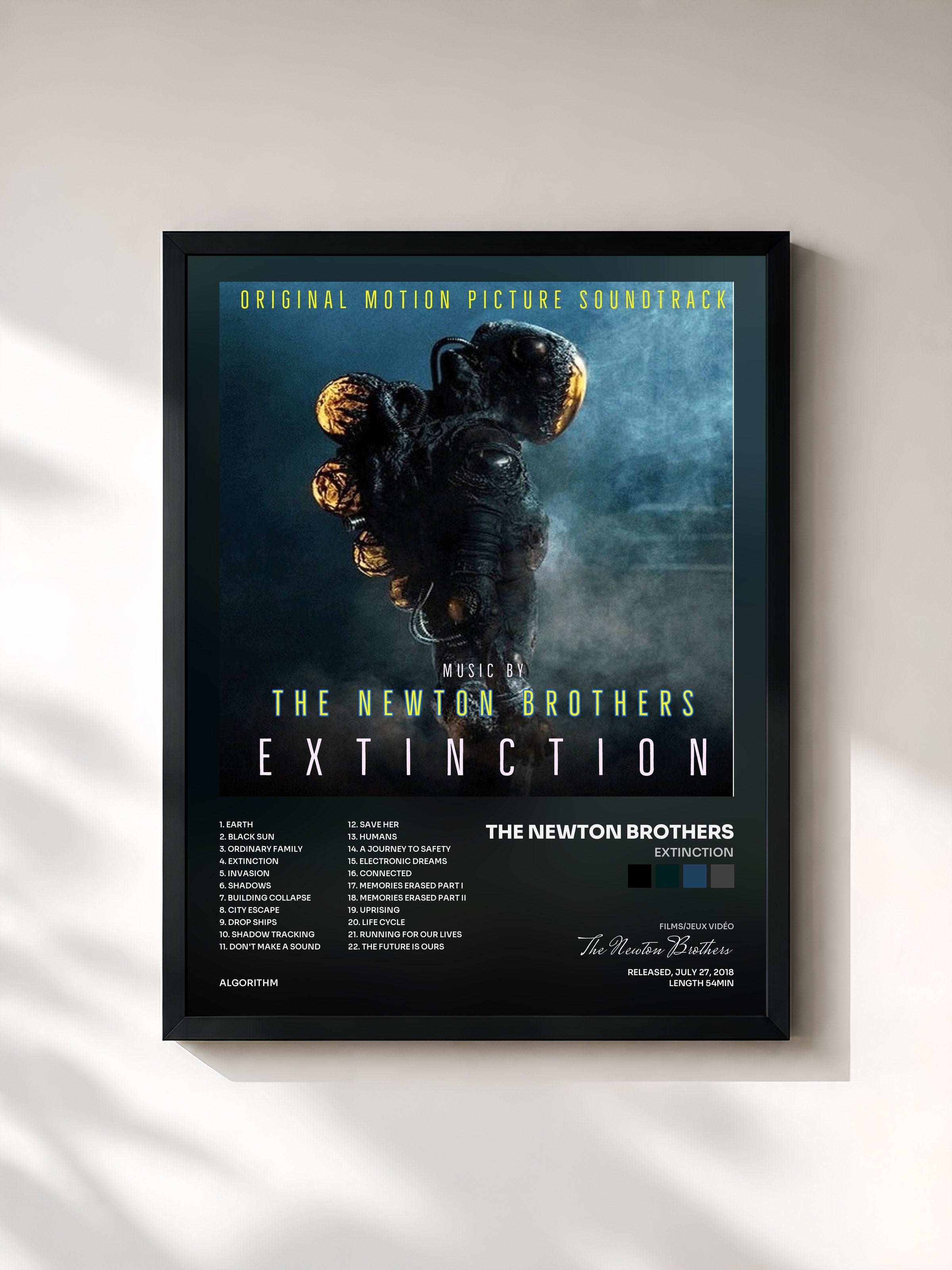 #noir Tableau de l'album Extinction de The Newton Brothers, cadre noir, imprimé et encadré en France
