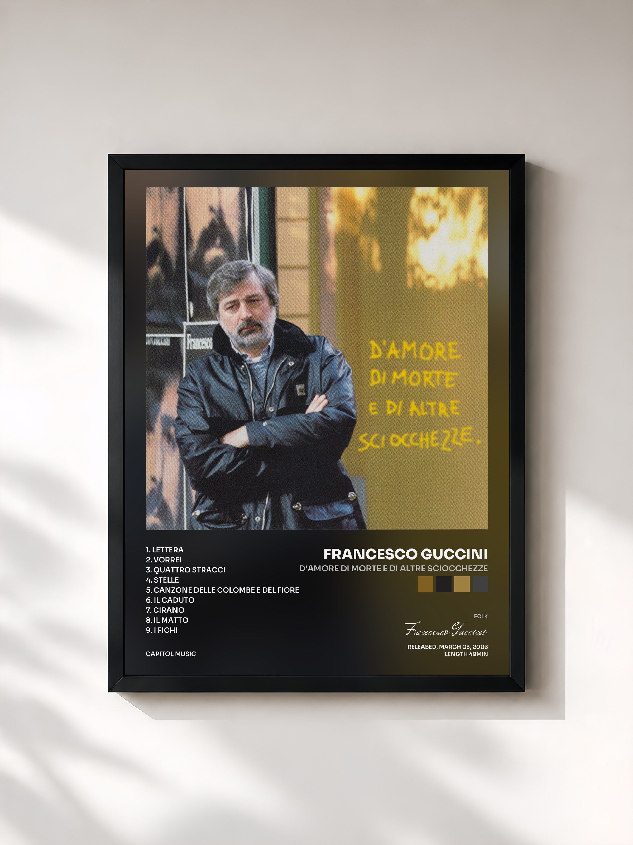 #noir Tableau de l'album D'Amore Di Morte E Di Altre Sciocchezze de Francesco Guccini, cadre noir, imprimé et encadré en France