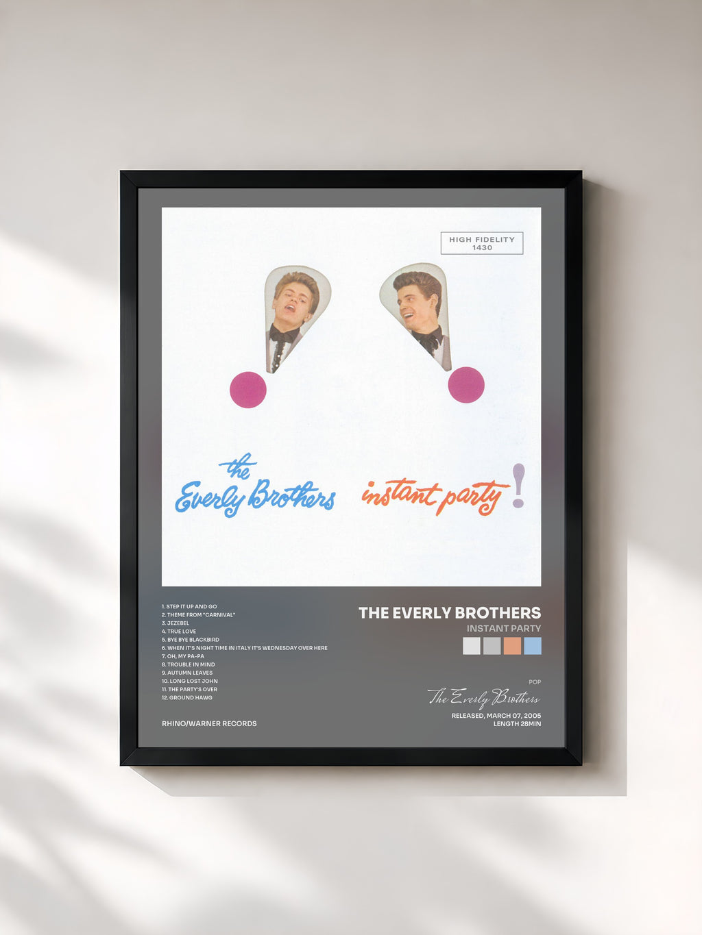 #noir Tableau de l'album Instant Party de The Everly Brothers, cadre noir, imprimé et encadré en France