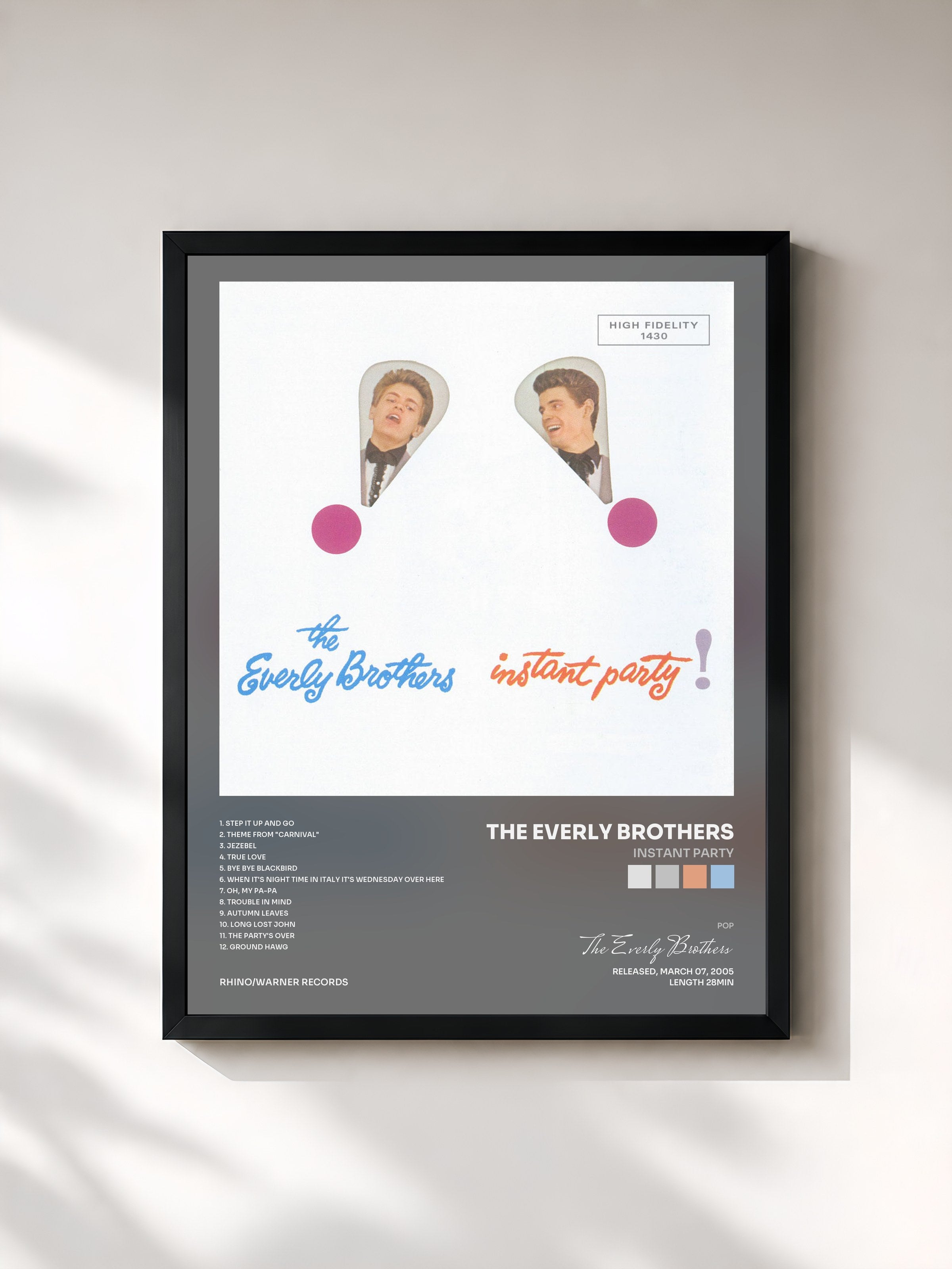#noir Tableau de l'album Instant Party de The Everly Brothers, cadre noir, imprimé et encadré en France
