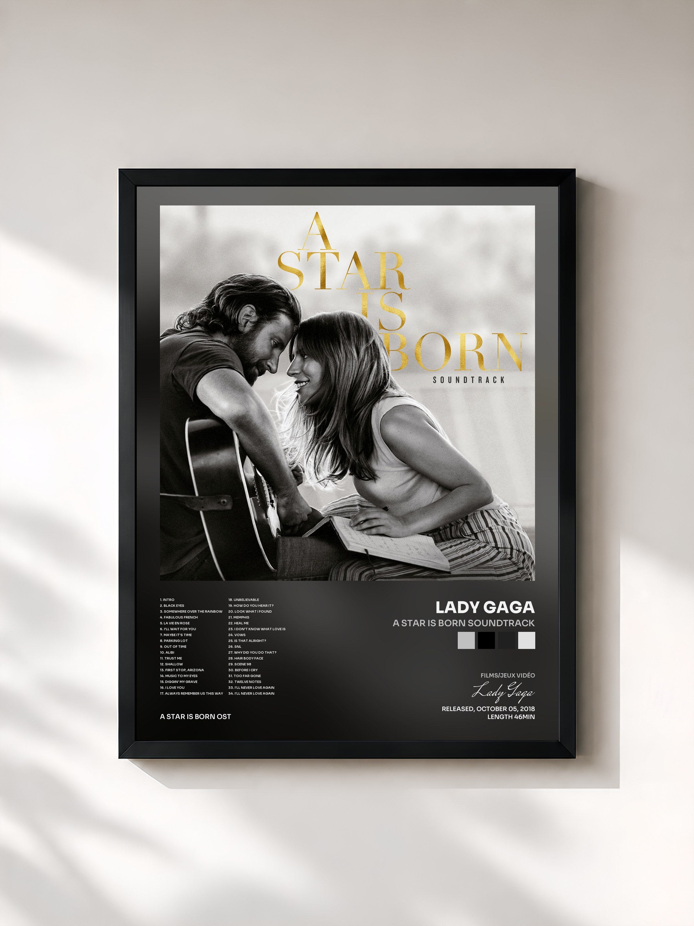 #noir A Star Is Born Soundtrack di Lady Gaga in stampa incorniciata, cornice nera, stampata e incorniciata in Francia