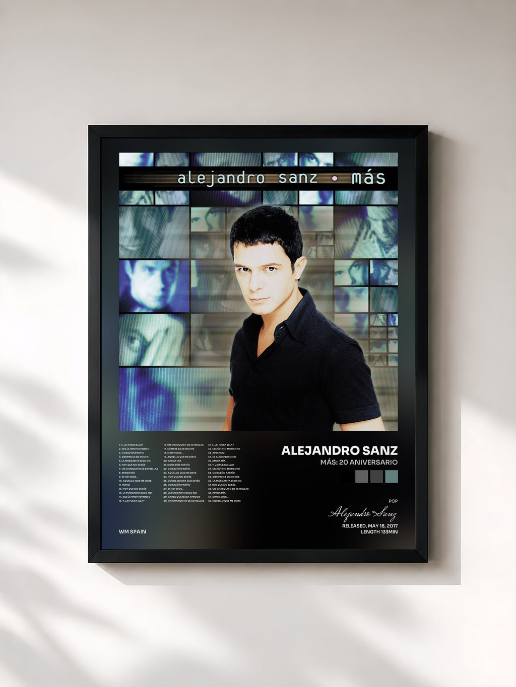 #noir Tableau de l'album Más: 20 Aniversario de Alejandro Sanz, cadre noir, imprimé et encadré en France