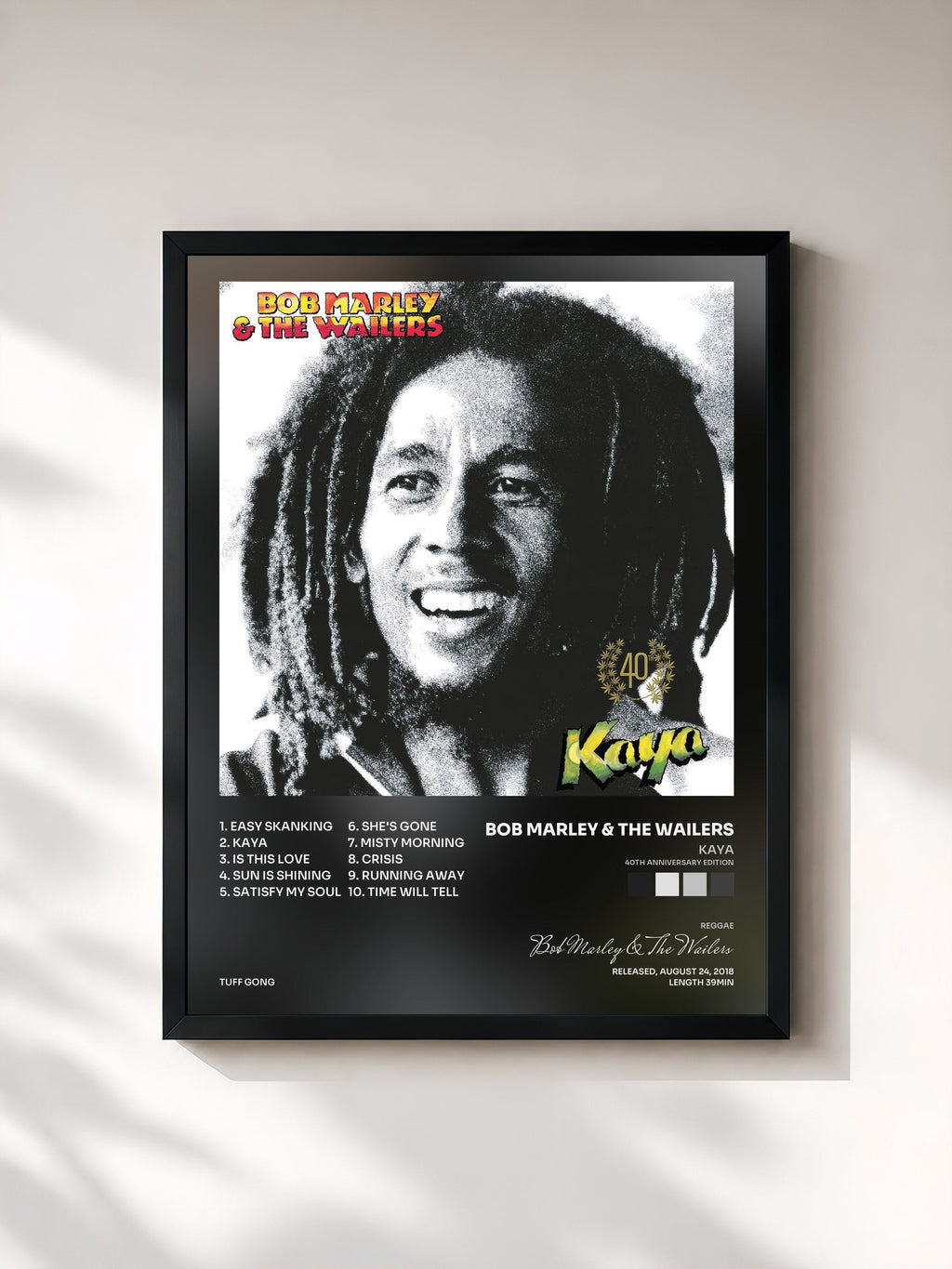 #noir Tableau de l'album Kaya (40th Anniversary Edition) de Bob Marley & The Wailers, cadre noir, imprimé et encadré en France