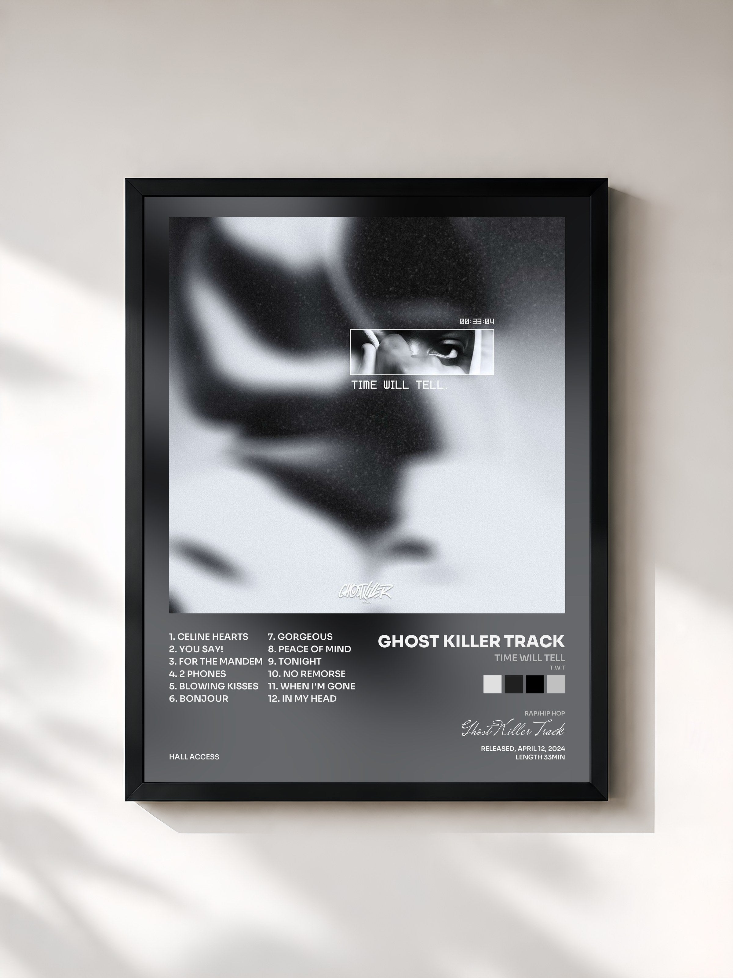 #noir Tableau de l'album Time Will Tell (T.W.T) de Ghost Killer Track, cadre noir, imprimé et encadré en France