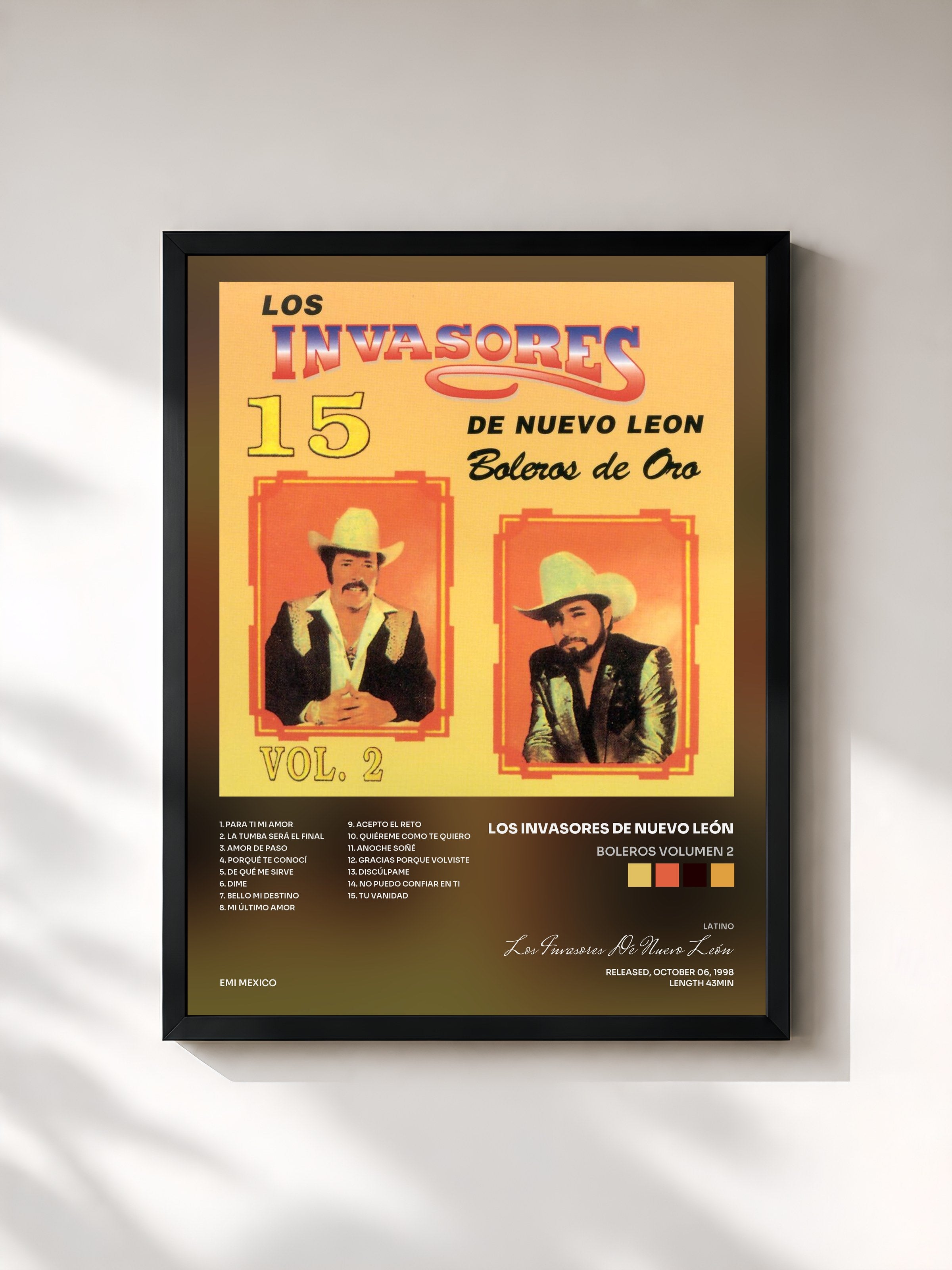 #noir Tableau de l'album Boleros Volumen 2 de Los Invasores De Nuevo León, cadre noir, imprimé et encadré en France