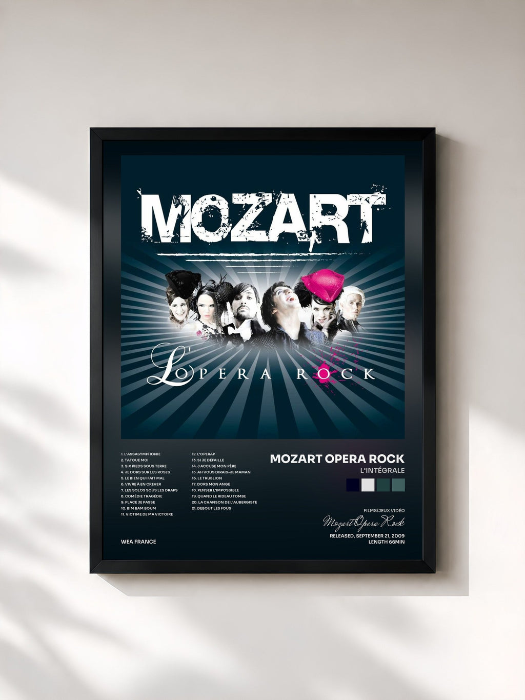 #noir Tableau de l'album L'Intégrale de Mozart Opera Rock, cadre noir, imprimé et encadré en France