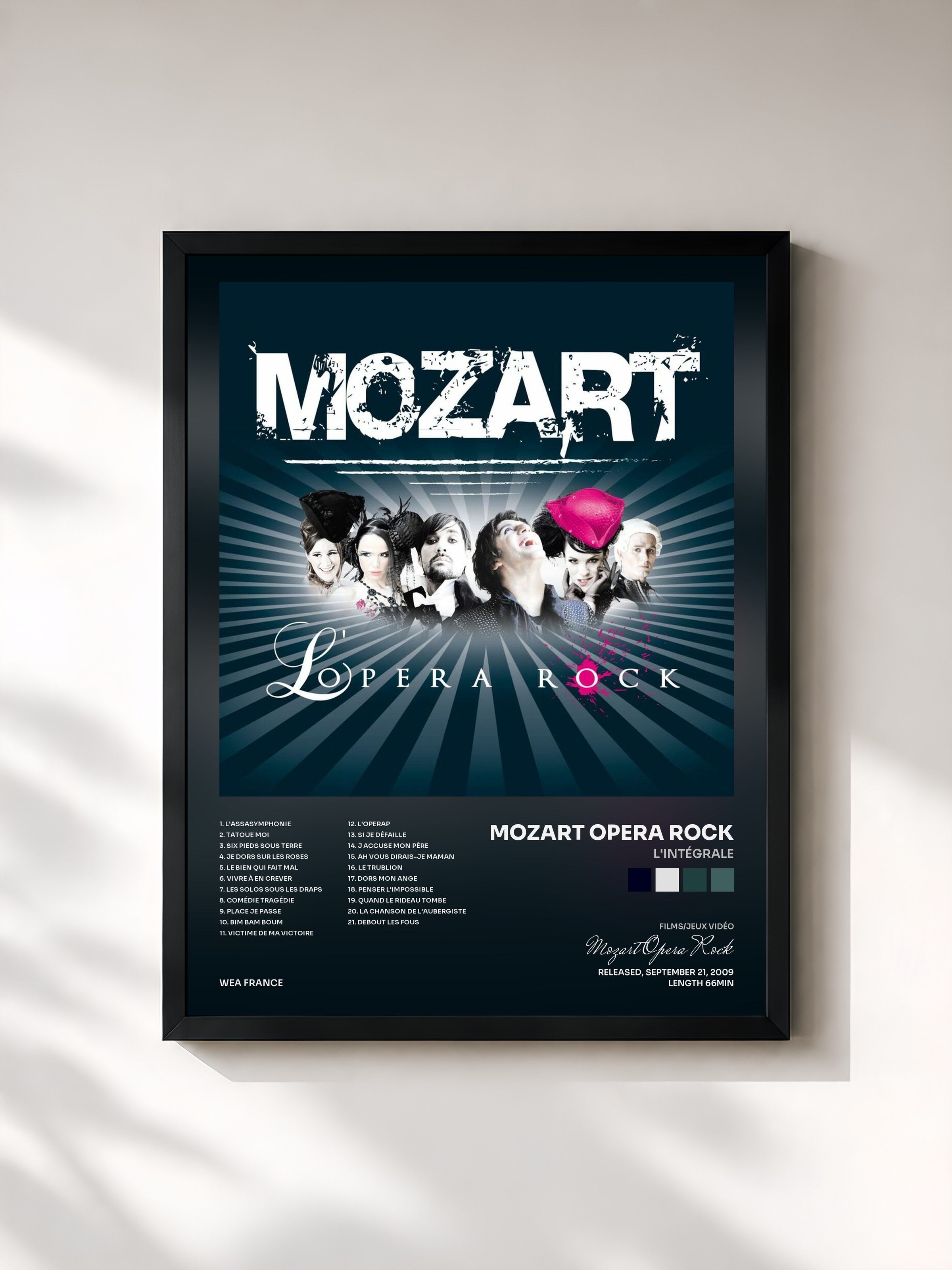 #noir Tableau de l'album L'Intégrale de Mozart Opera Rock, cadre noir, imprimé et encadré en France