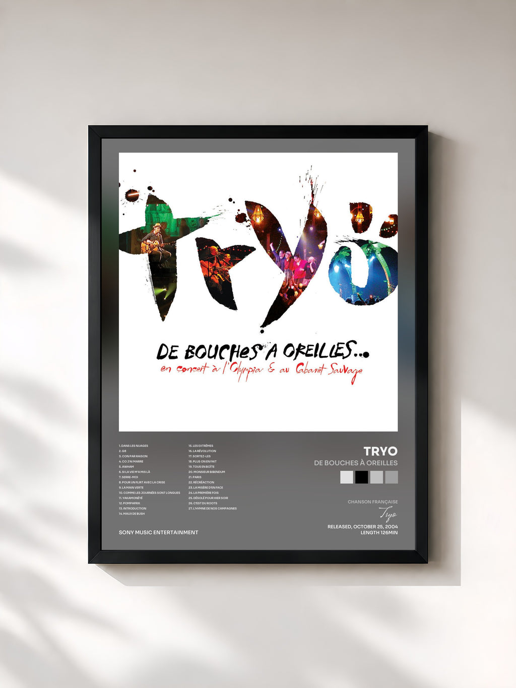 #noir Tableau de l'album De bouches à oreilles de Tryo, cadre noir, imprimé et encadré en France