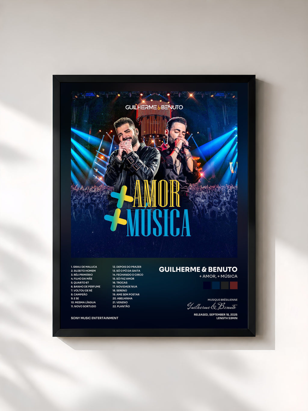 #noir Tableau de l'album + Amor, + Música de Guilherme & Benuto, cadre noir, imprimé et encadré en France