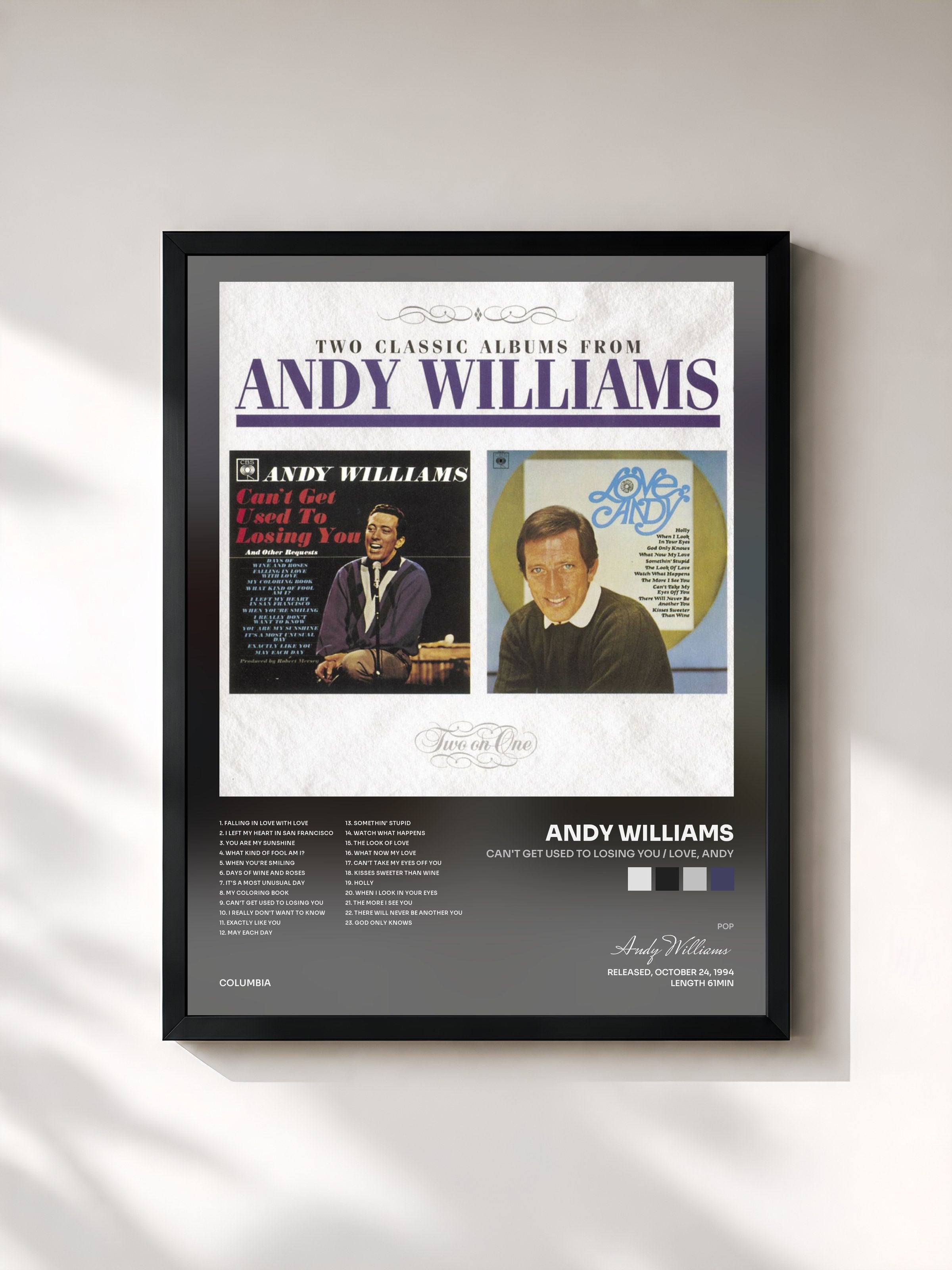 #noir Tableau de l'album Can't Get Used To Losing You / Love, Andy de Andy Williams, cadre noir, imprimé et encadré en France