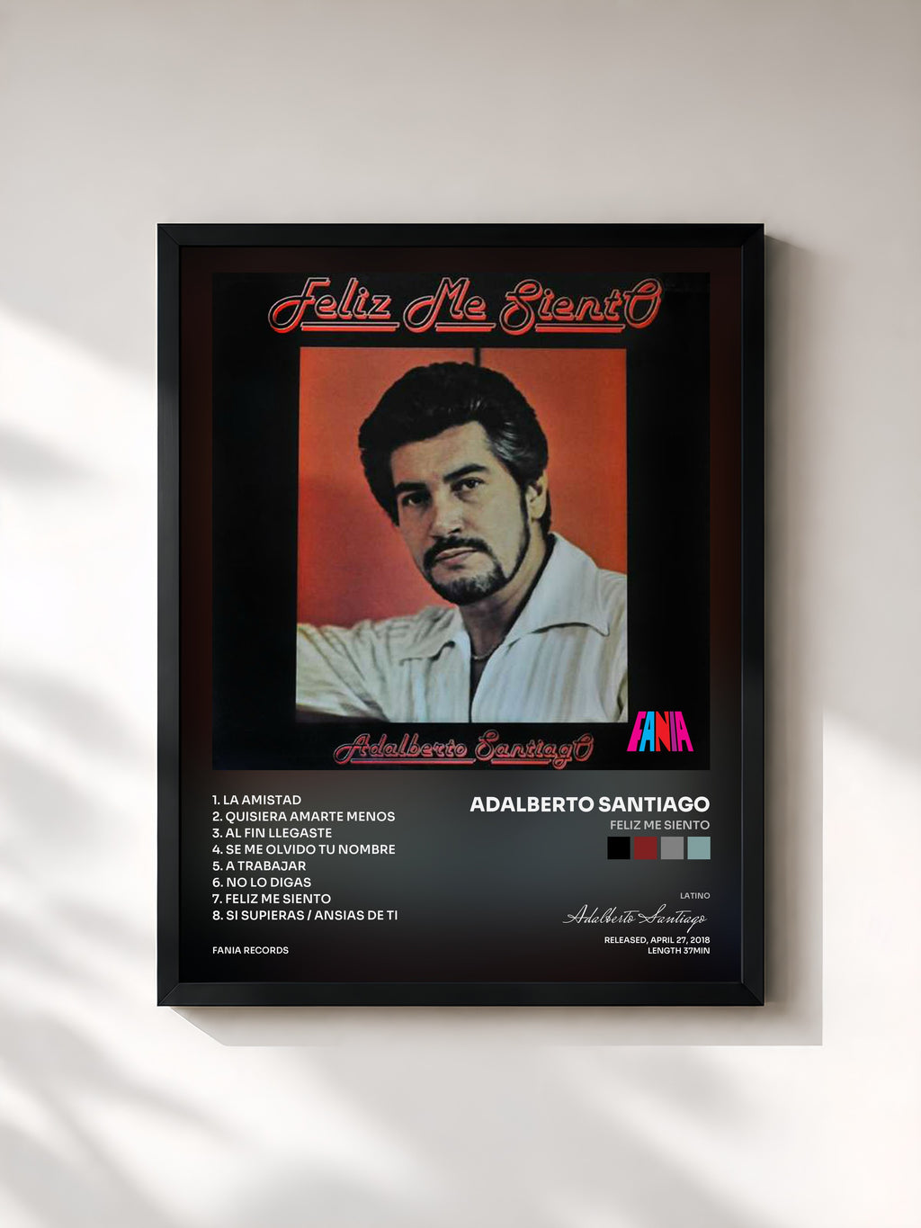 #noir Tableau de l'album Feliz Me Siento de Adalberto Santiago, cadre noir, imprimé et encadré en France