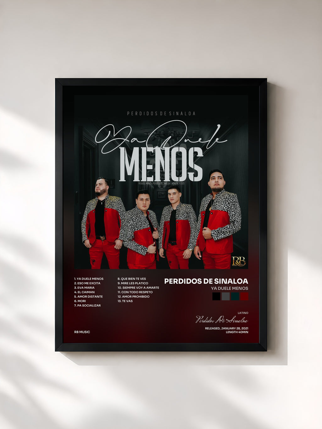#noir Tableau de l'album Ya Duele Menos de Perdidos De Sinaloa, cadre noir, imprimé et encadré en France
