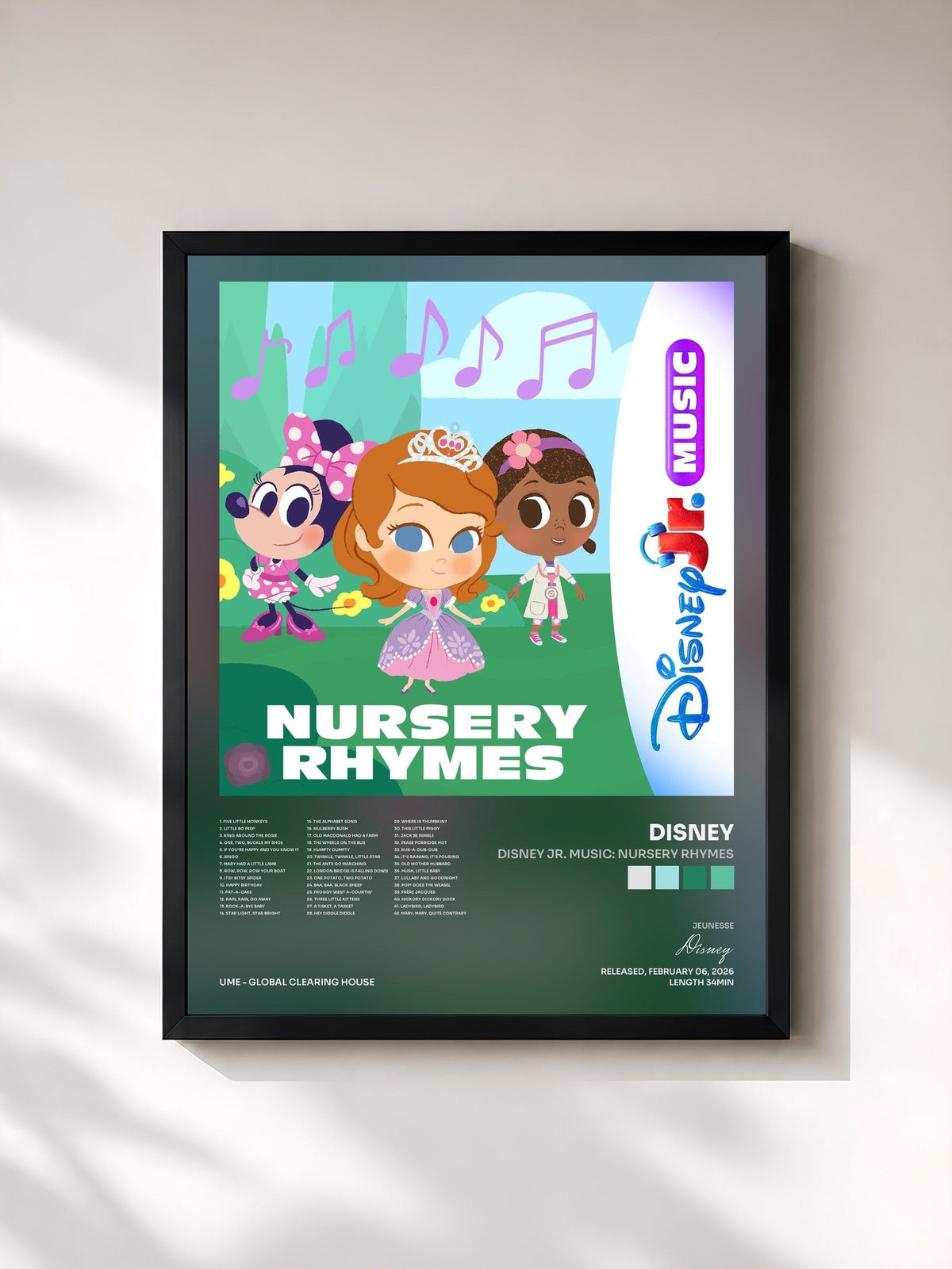 #noir Tableau de l'album Disney Jr. Music: Nursery Rhymes de Disney, cadre noir, imprimé et encadré en France