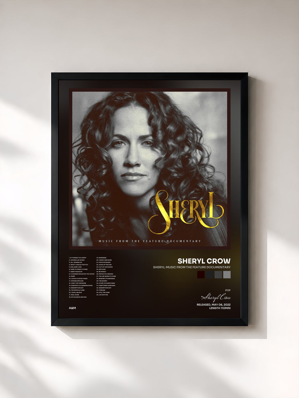 #noir Tableau de l'album Sheryl: Music From The Feature Documentary de Sheryl Crow, cadre noir, imprimé et encadré en France