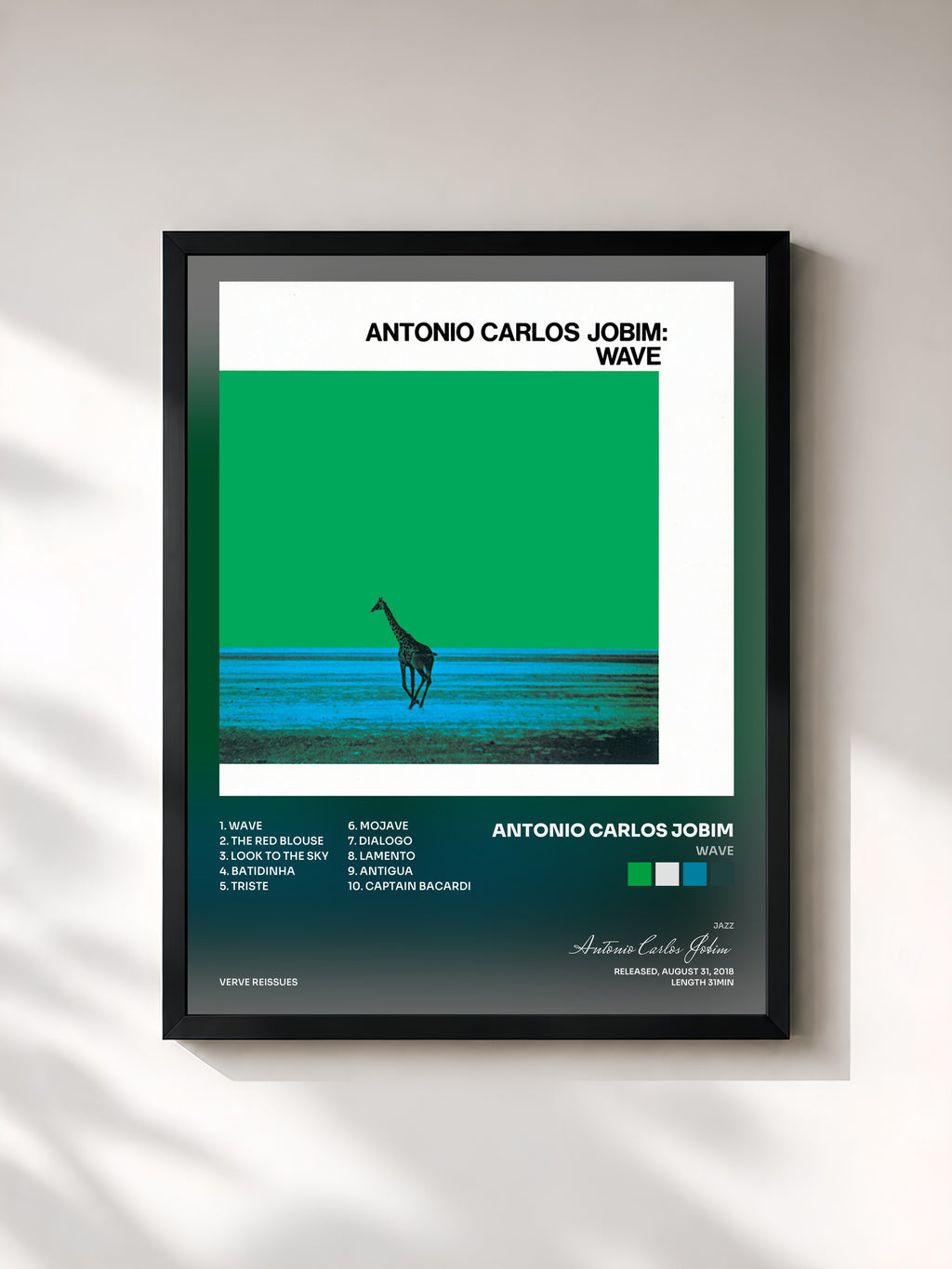 #noir Tableau de l'album Wave de Antonio Carlos Jobim, cadre noir, imprimé et encadré en France