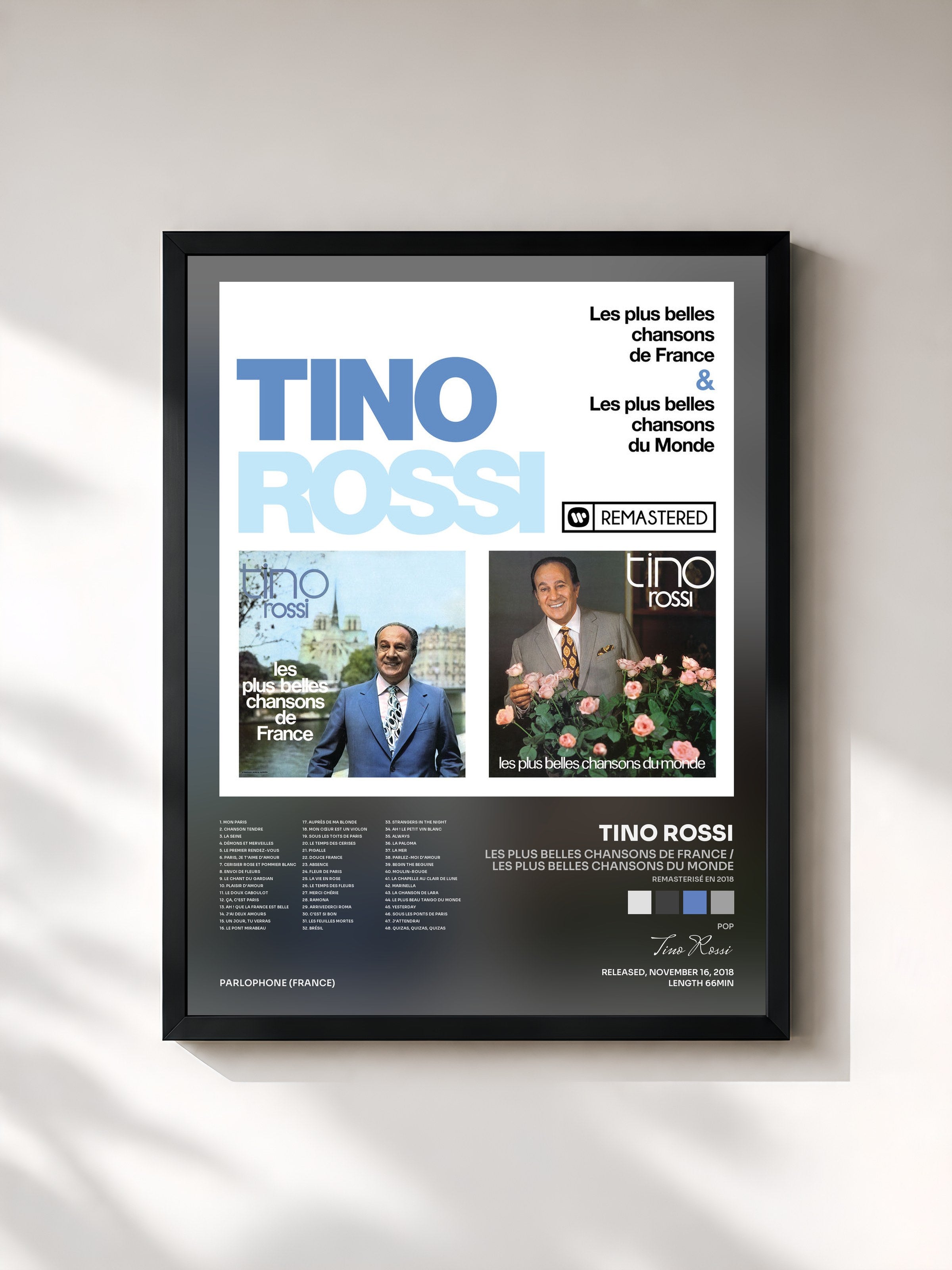 #noir Tableau de l'album Les plus belles chansons de France / Les plus belles chansons du Monde (Remasterisé en 2018) de Tino Rossi, cadre noir, imprimé et encadré en France