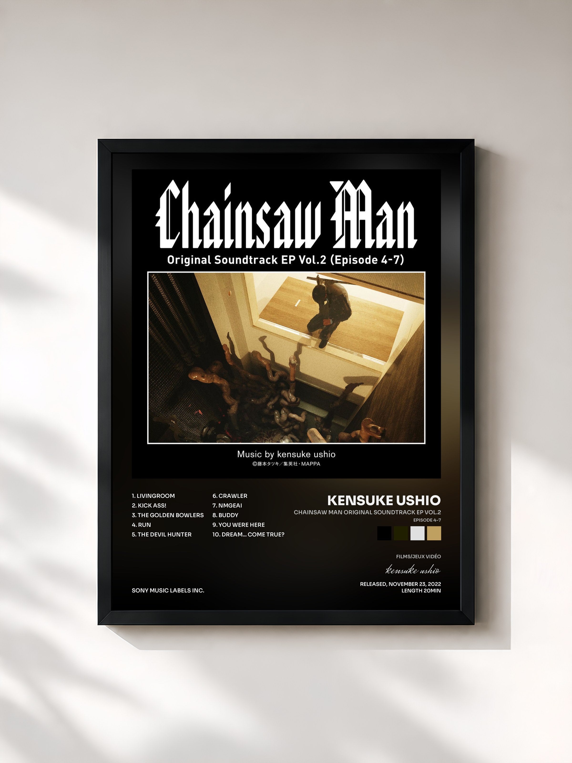 #noir Tableau de l'album Chainsaw Man Original Soundtrack EP Vol.2 (Episode 4-7) de kensuke ushio, cadre noir, imprimé et encadré en France