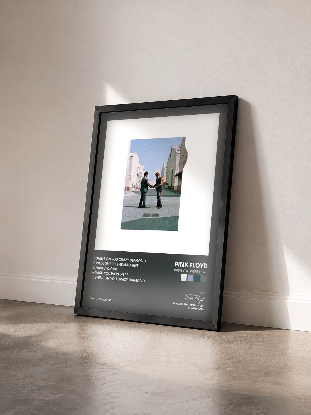 #noir Tableau de l'album Wish You Were Here de Pink Floyd vu de trois quarts, cadre noir