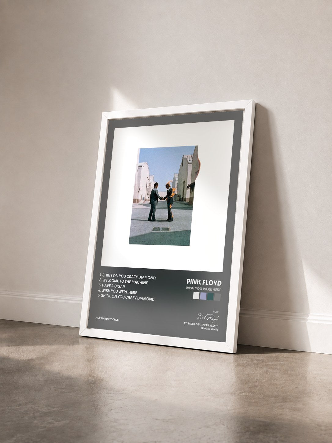 #blanc Tableau de l'album Wish You Were Here de Pink Floyd vu de trois quarts, cadre blanc