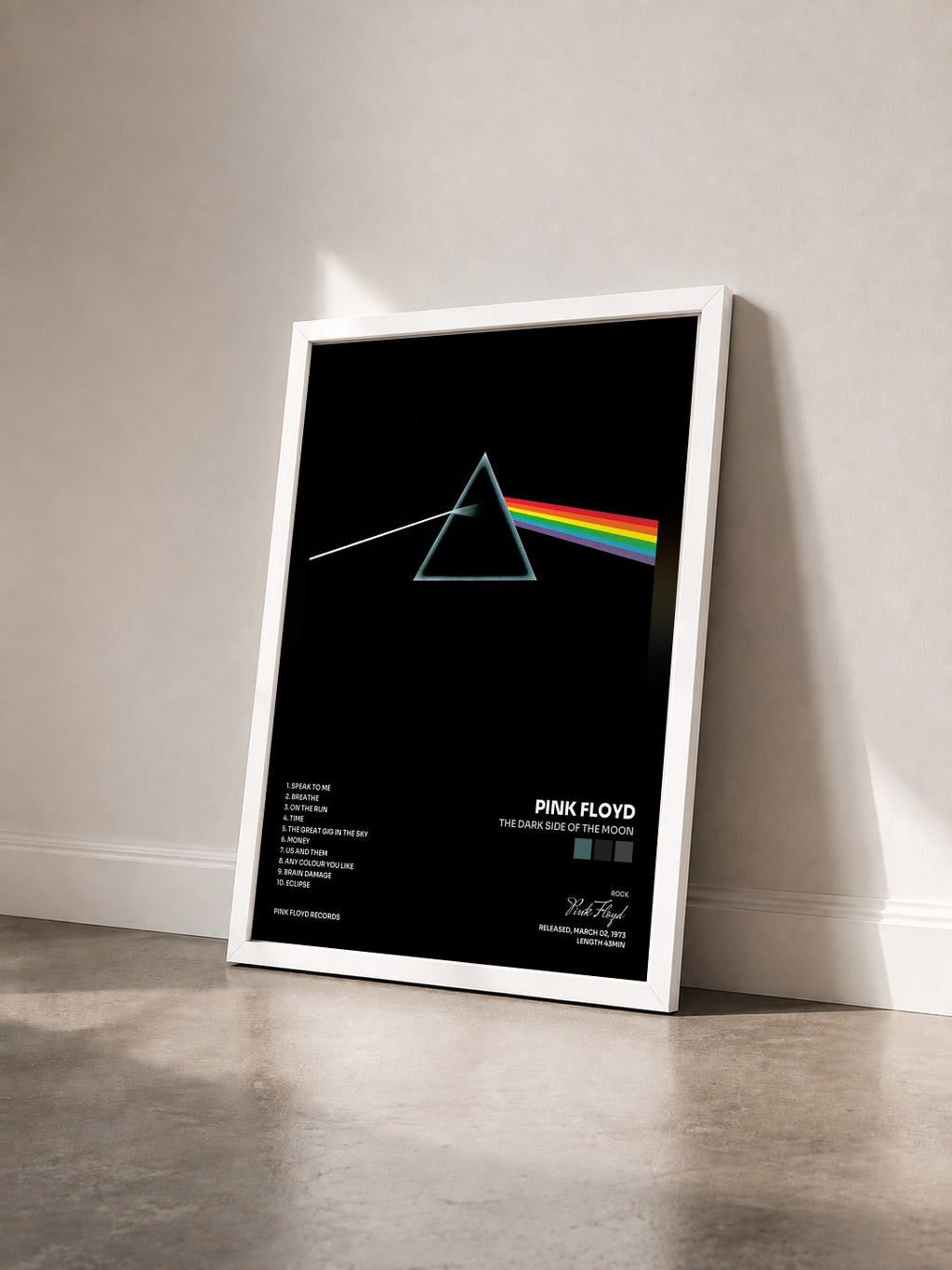 #blanc Tableau de l'album The Dark Side of the Moon de Pink Floyd vu de trois quarts, cadre blanc