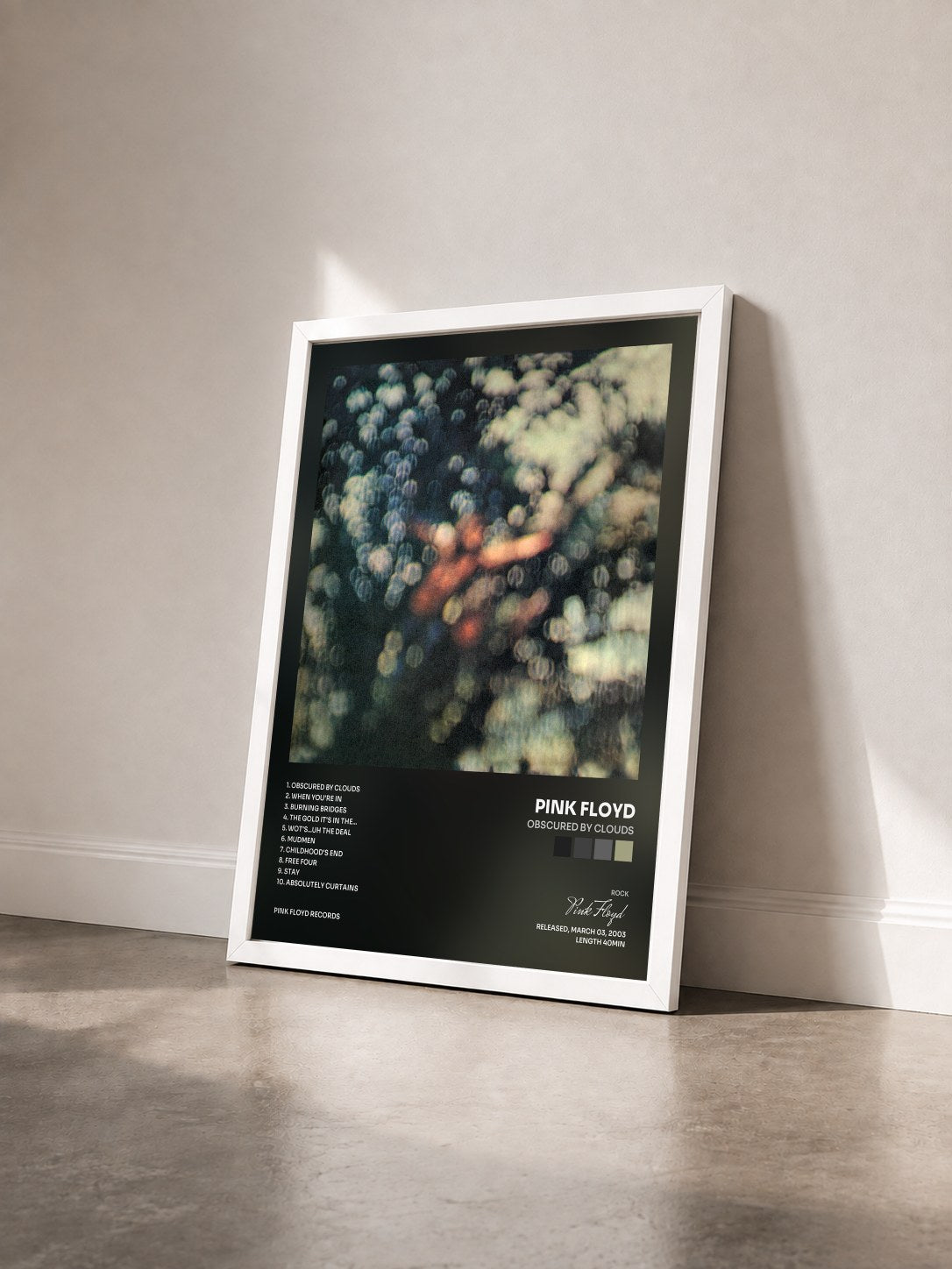 #blanc Tableau de l'album Obscured by Clouds de Pink Floyd vu de trois quarts, cadre blanc